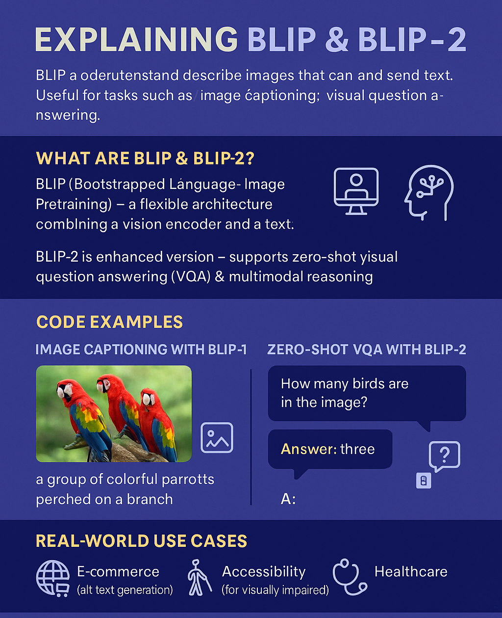 An infographic explaining BLIP and BLIP-2, featuring a group of colorful parrots perched on a branch, with text detailing their capabilities in image captioning and visual question answering.