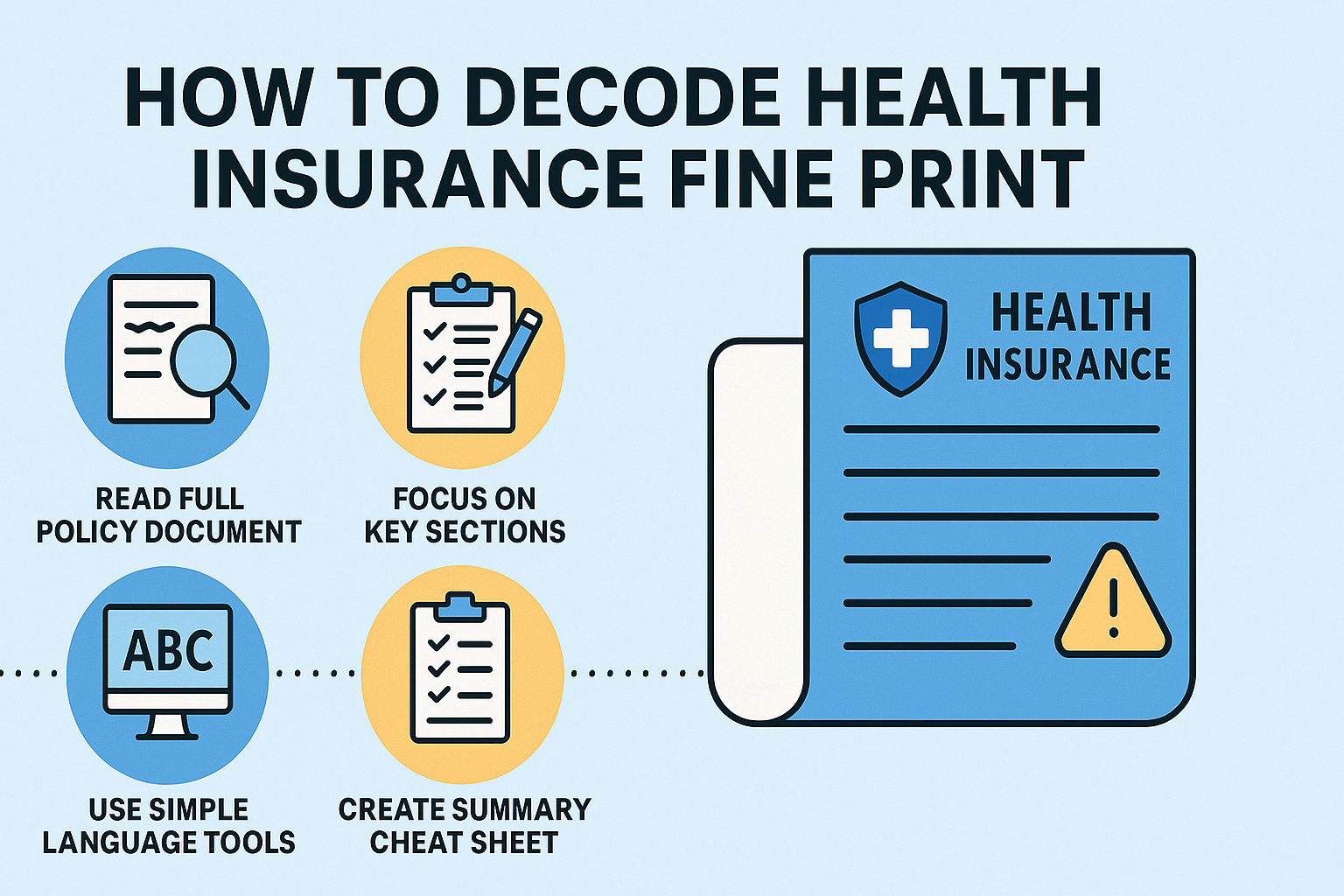 Infographic on decoding health insurance fine print with four key steps: read the full policy document, focus on key sections, use simple language tools, and create a summary cheat sheet.