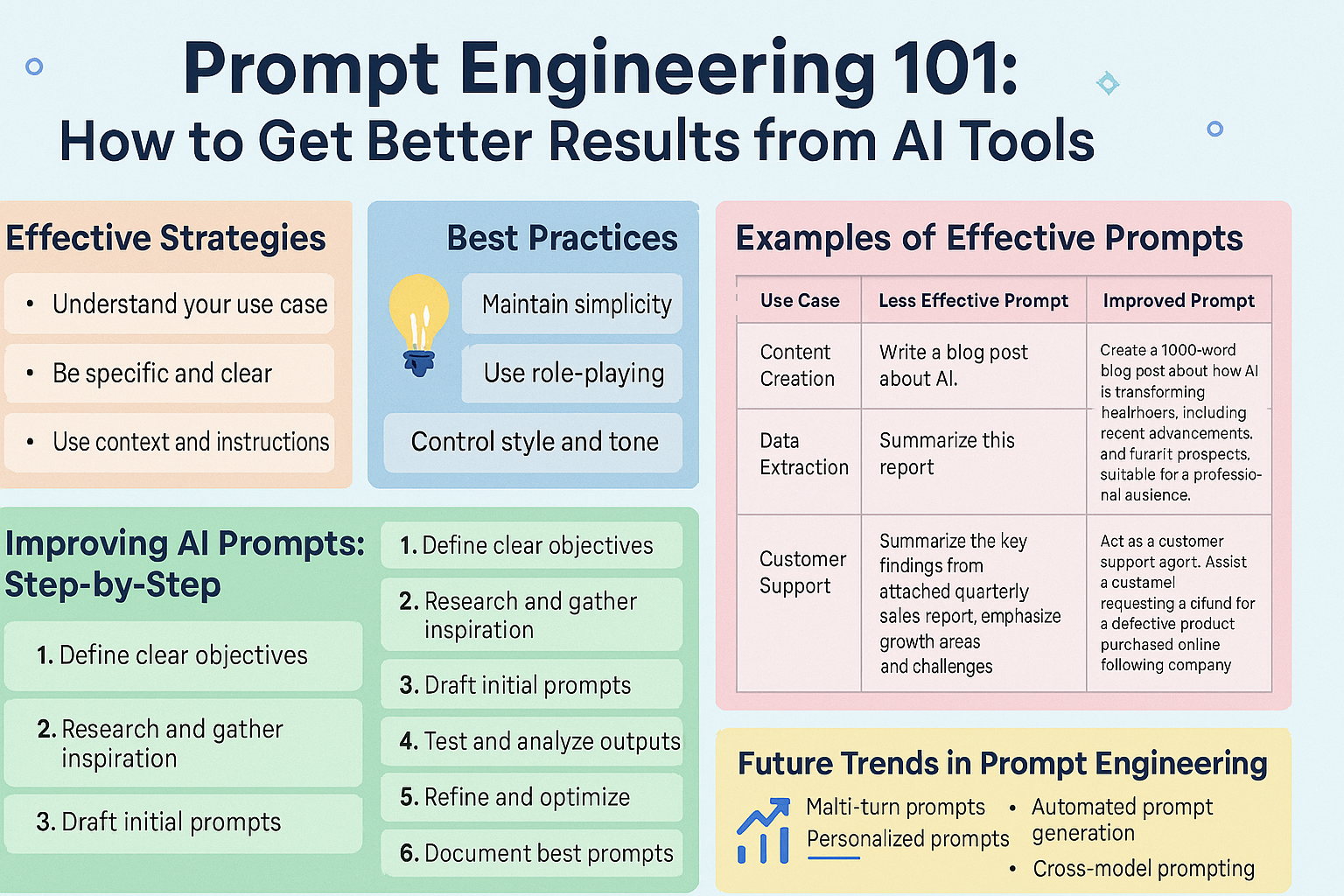 An infographic titled 'Prompt Engineering 101' featuring sections on effective strategies, best practices, examples of effective prompts, steps for improving AI prompts, and future trends in prompt engineering.