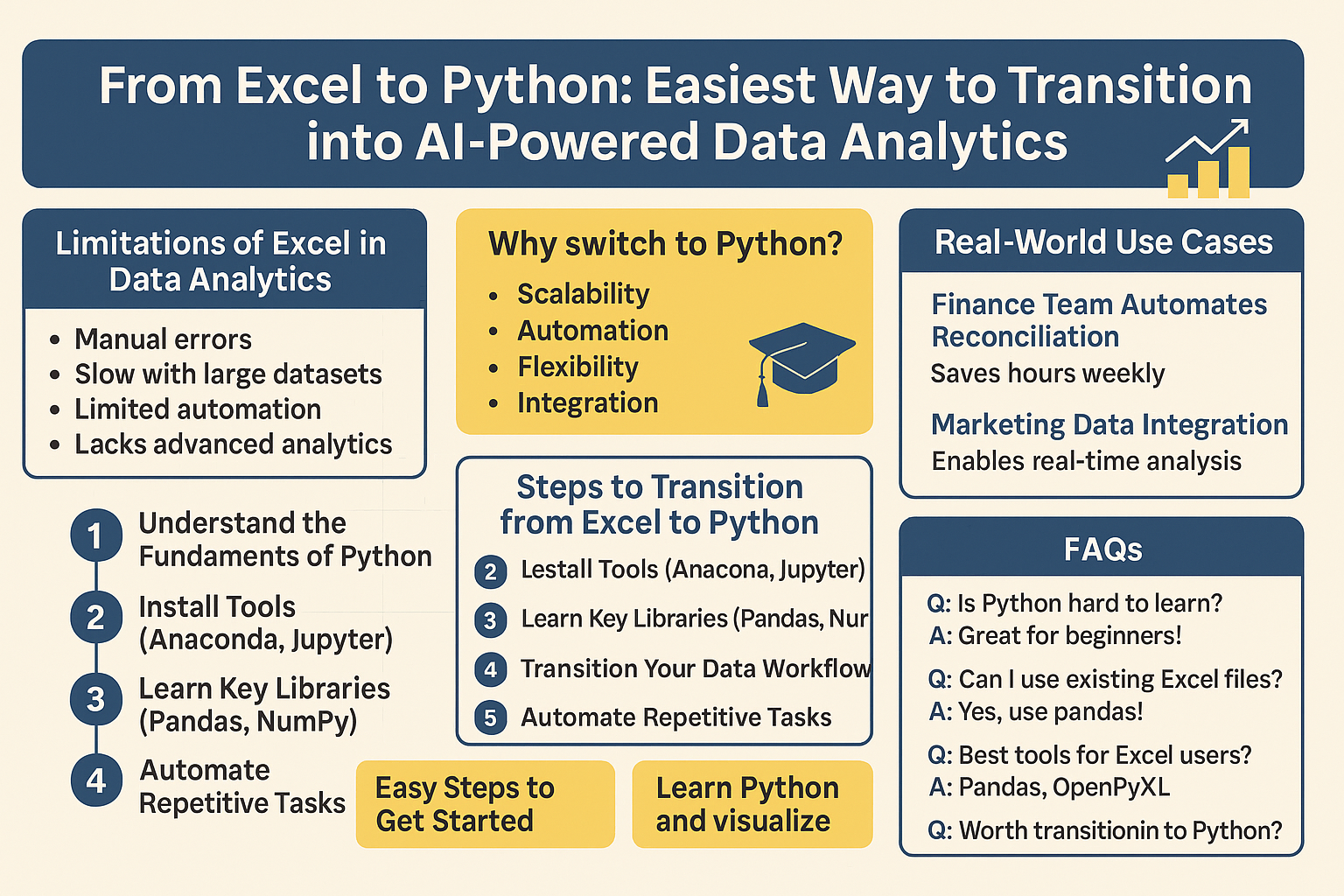 Infographic outlining the transition from Excel to Python for AI-powered data analytics, highlighting limitations of Excel, benefits of Python, step-by-step guide, real-world use cases, and FAQs.