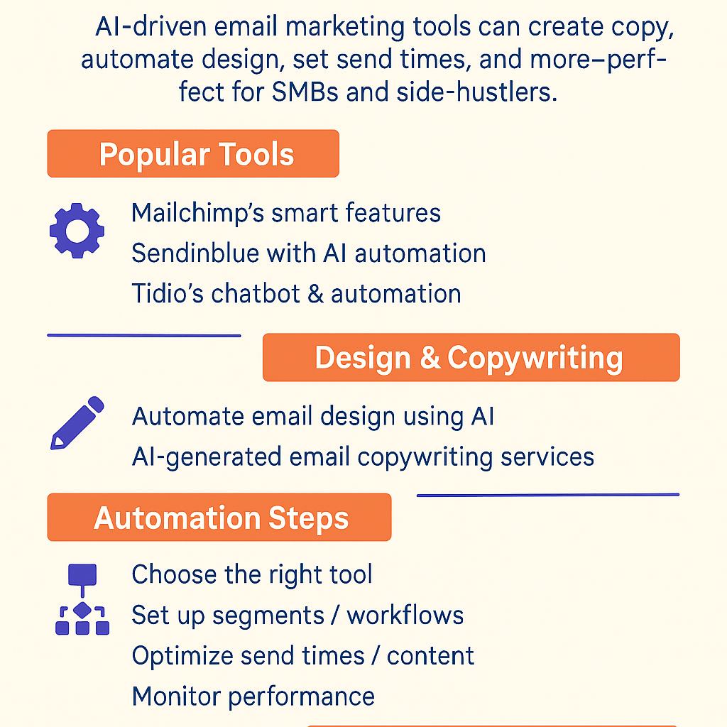 Infographic highlighting AI-driven email marketing tools, including popular tools like Mailchimp, Sendinblue, and Tidio, along with sections on design, copywriting, and automation steps.