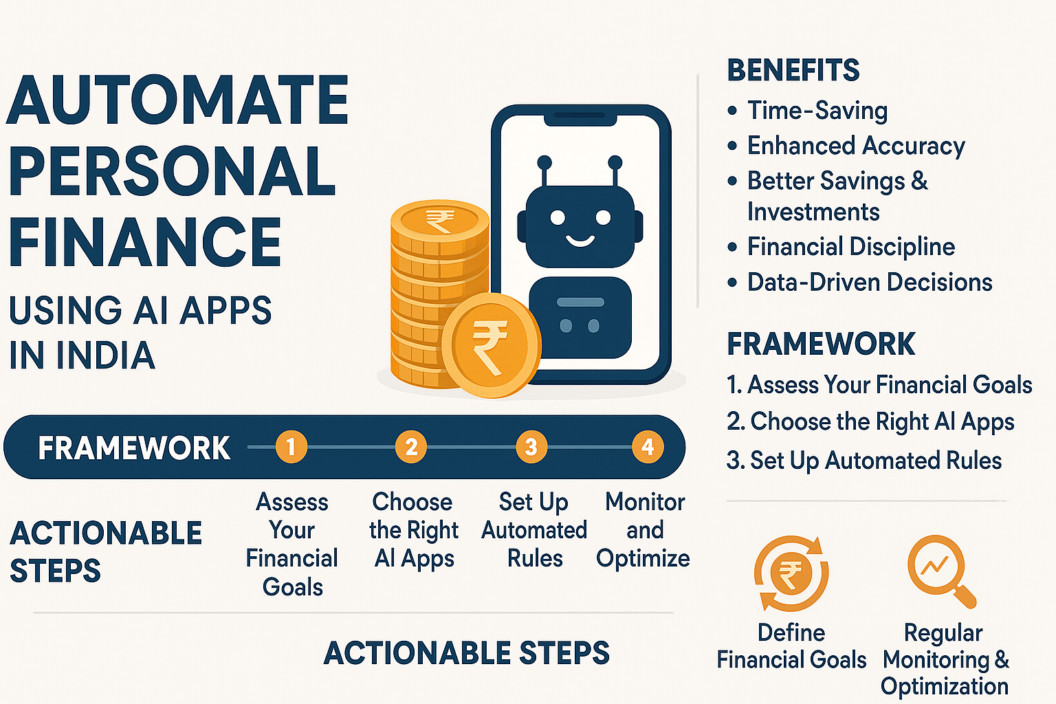 Infographic illustrating the process of automating personal finance using AI apps in India. It includes a robot and coins, outlining the benefits like time-saving and enhanced accuracy, alongside a framework with actionable steps.