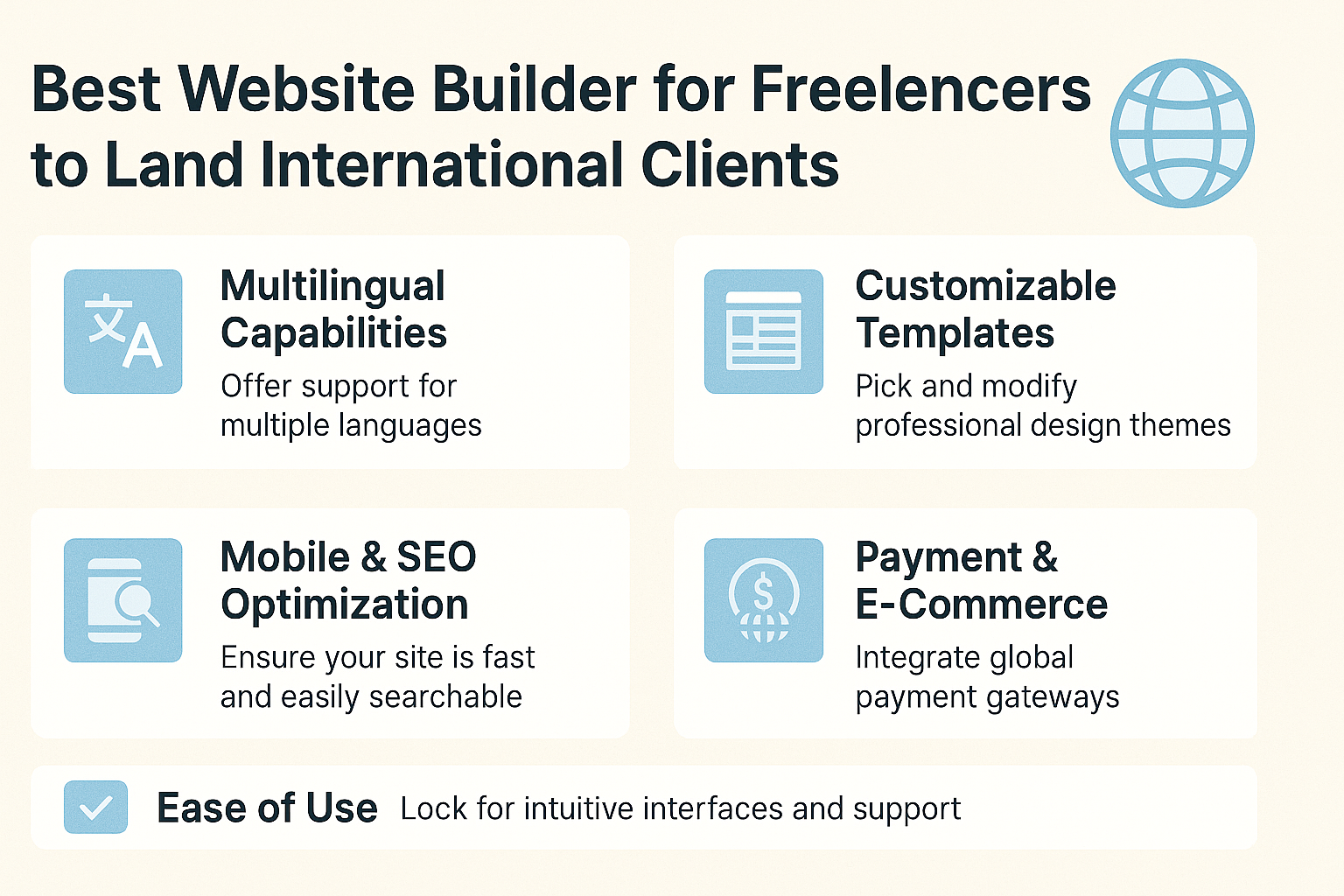 Infographic listing key features of the best website builders for freelancers targeting international clients, including multilingual capabilities, customizable templates, mobile and SEO optimization, payment and e-commerce integration, and ease of use.