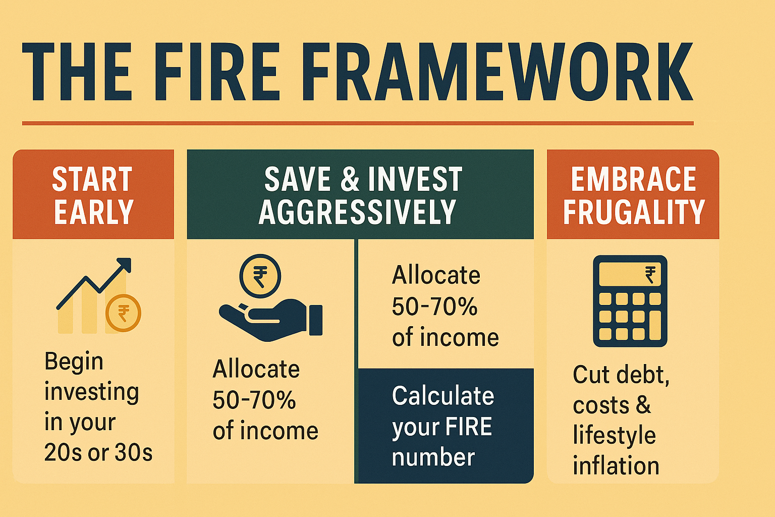 Infographic illustrating the FIRE framework for financial independence: 'Start Early', 'Save & Invest Aggressively', and 'Embrace Frugality', with key actions listed under each section.