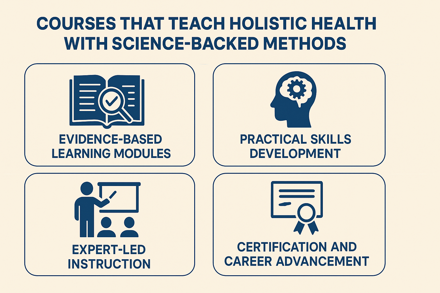 Infographic illustrating features of holistic health courses with science-backed methods, including evidence-based learning modules, practical skills development, expert-led instruction, and certification and career advancement.