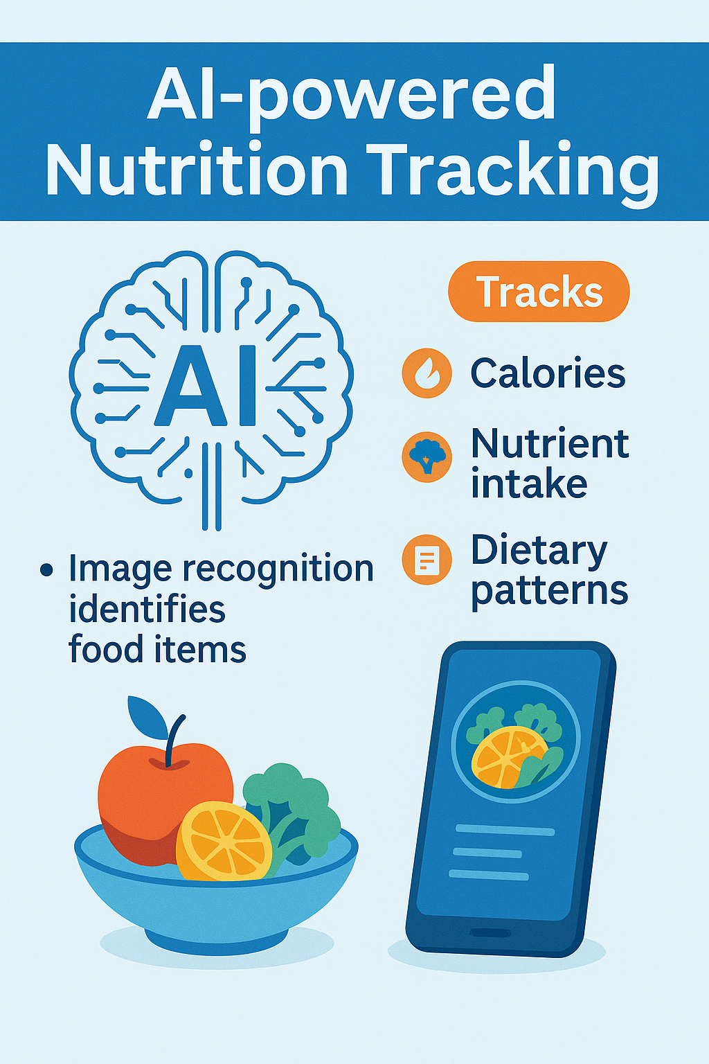 An infographic about AI-powered nutrition tracking featuring an illustration of a brain with 'AI' text, a bowl of fruits including an apple and an orange, and a smartphone displaying food tracking data. It highlights features such as tracking calories, nutrient intake, and dietary patterns using image recognition technology.