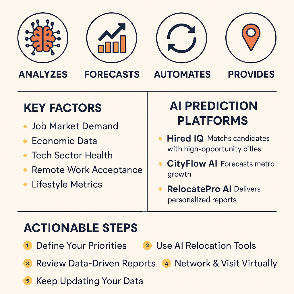 Infographic outlining the key factors and actionable steps for AI prediction in tech job relocation, including platforms like Hired IQ, CityFlow AI, and RelocatePro AI.