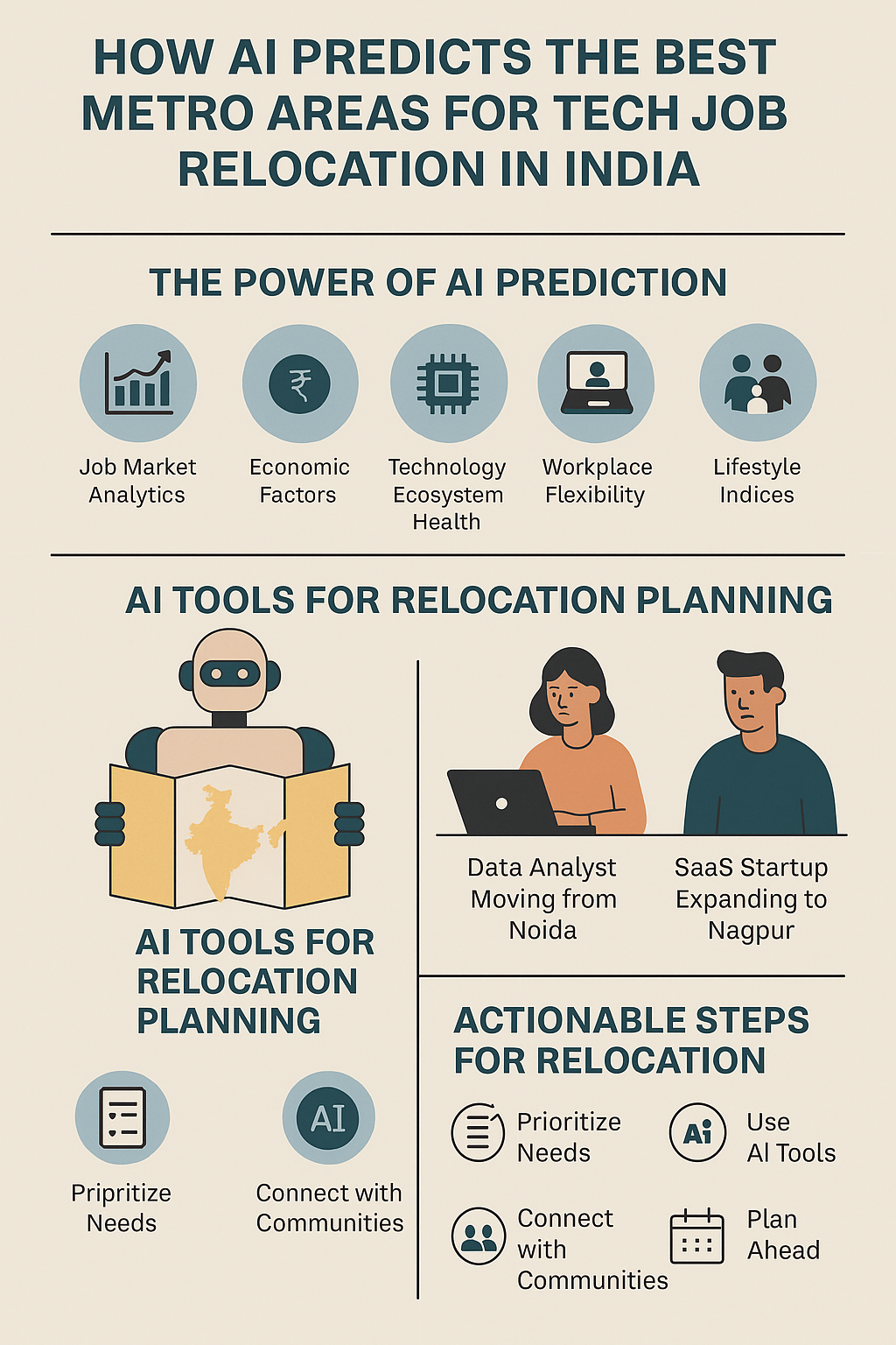 Infographic illustrating how AI predicts the best metro areas for tech job relocation in India, highlighting job market analytics, economic factors, technology ecosystem health, workplace flexibility, and lifestyle indices.