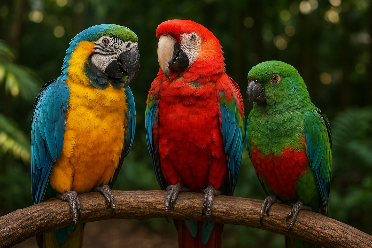 Three colorful parrots perched on a branch: a blue and yellow macaw on the left, a red macaw in the middle, and a green parrot on the right, surrounded by greenery.