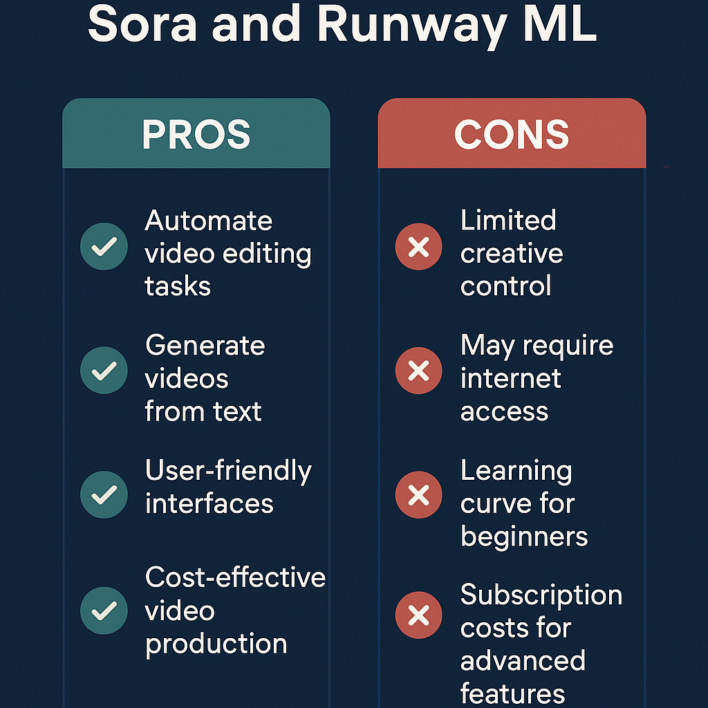 Infographic comparing the pros and cons of Sora and Runway ML for AI video creation.