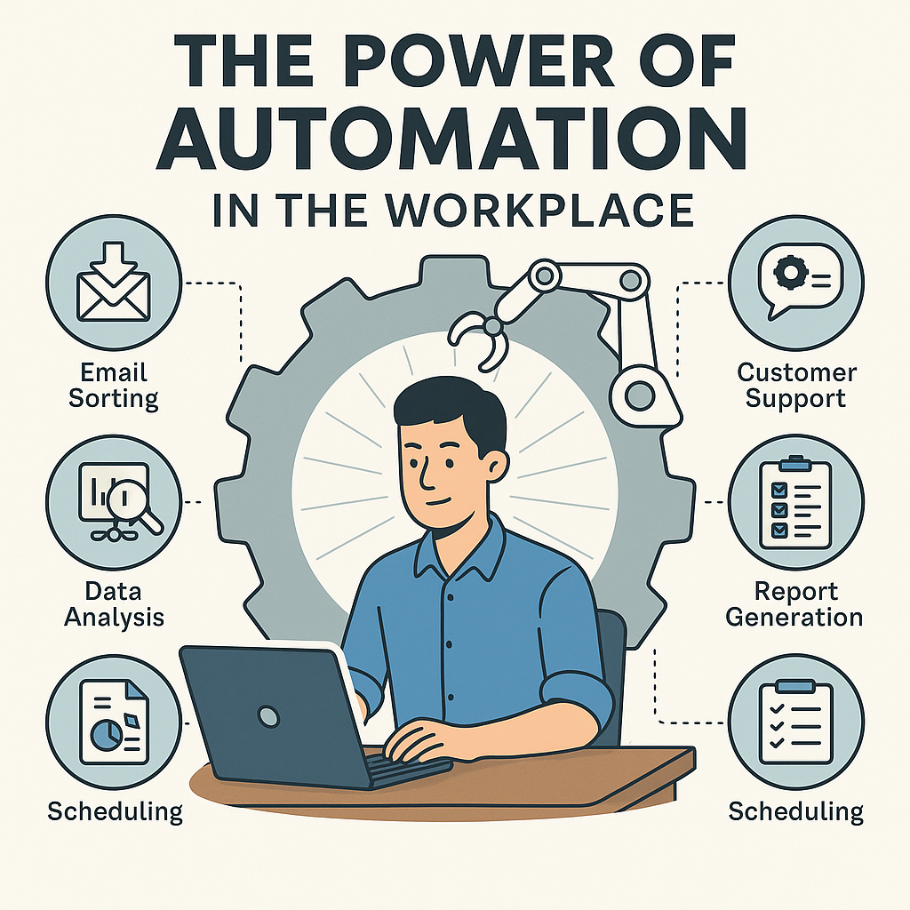 An illustration depicting the power of automation in the workplace, featuring a person sitting at a laptop with icons around them representing email sorting, data analysis, scheduling, report generation, and customer support.