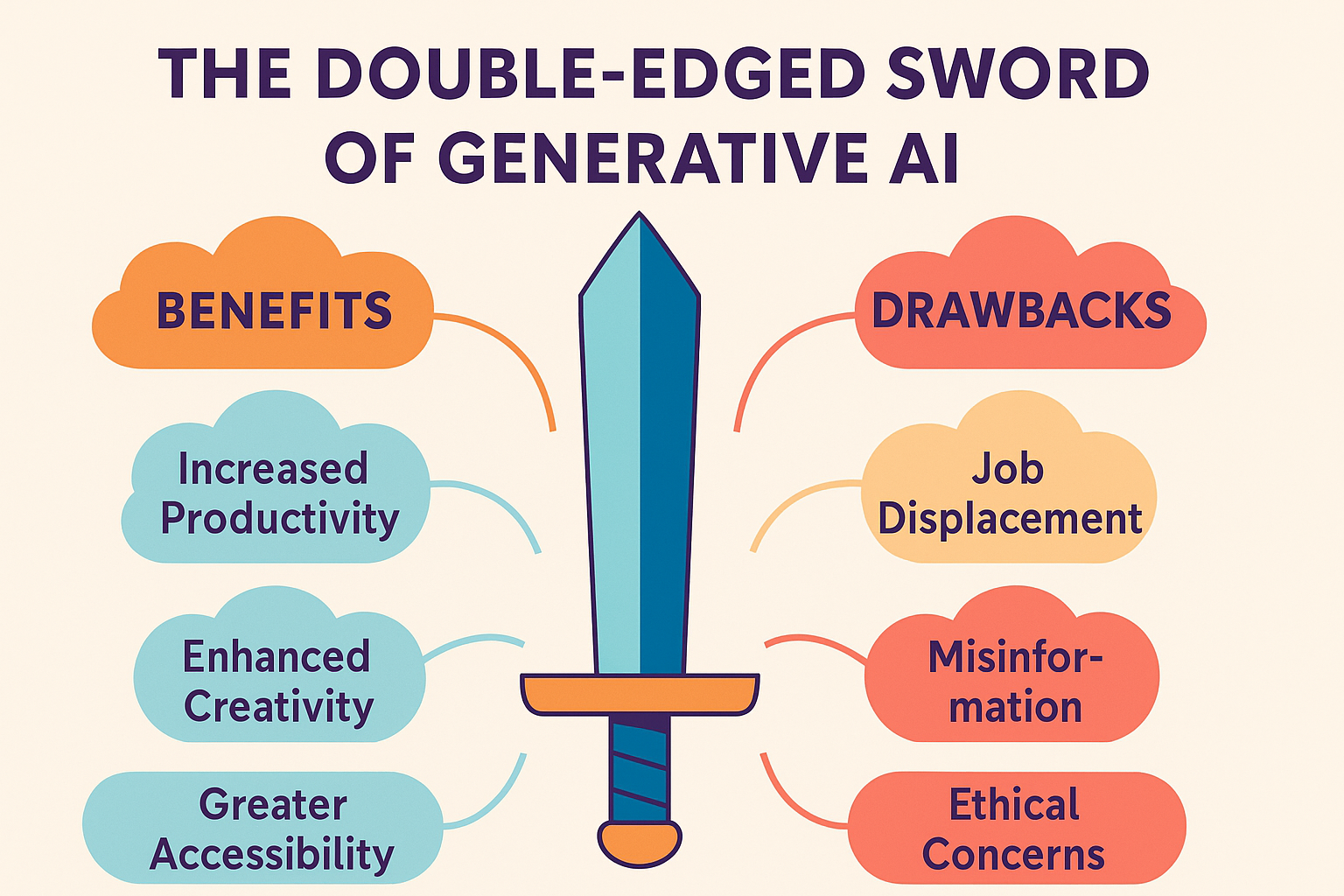 An illustration depicting the double-edged sword of generative AI, highlighting benefits such as increased productivity, enhanced creativity, and greater accessibility on one side, and drawbacks including job displacement, misinformation, and ethical concerns on the other.