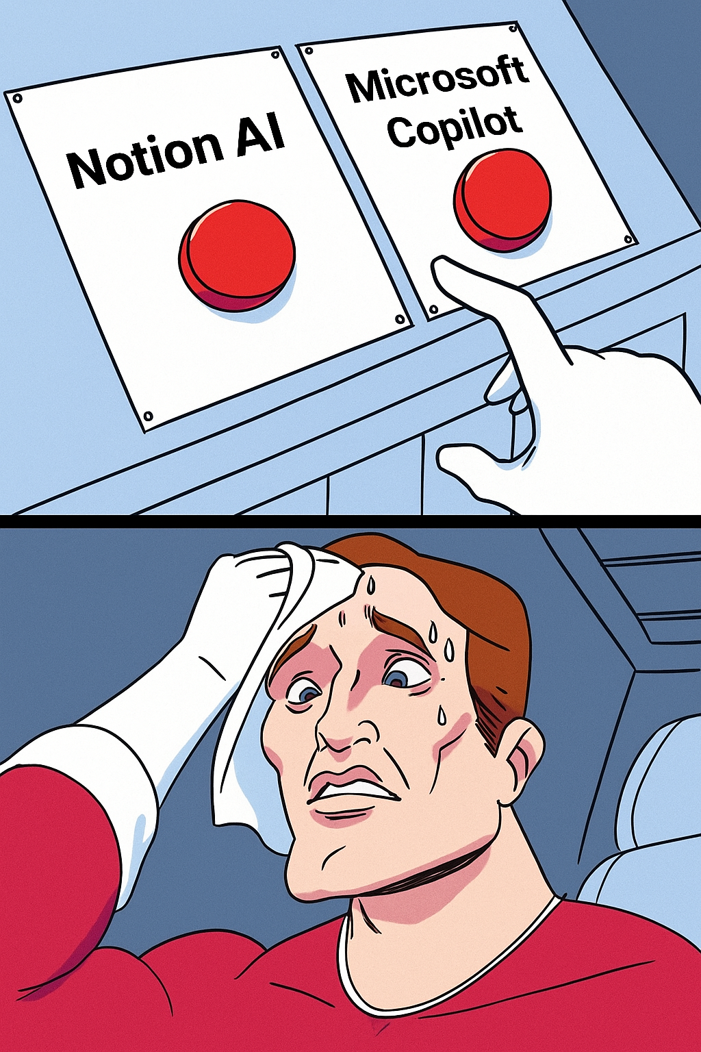 A worried character stands in front of two buttons labeled 'Notion AI' and 'Microsoft Copilot', illustrating a dilemma over which AI tool to choose.