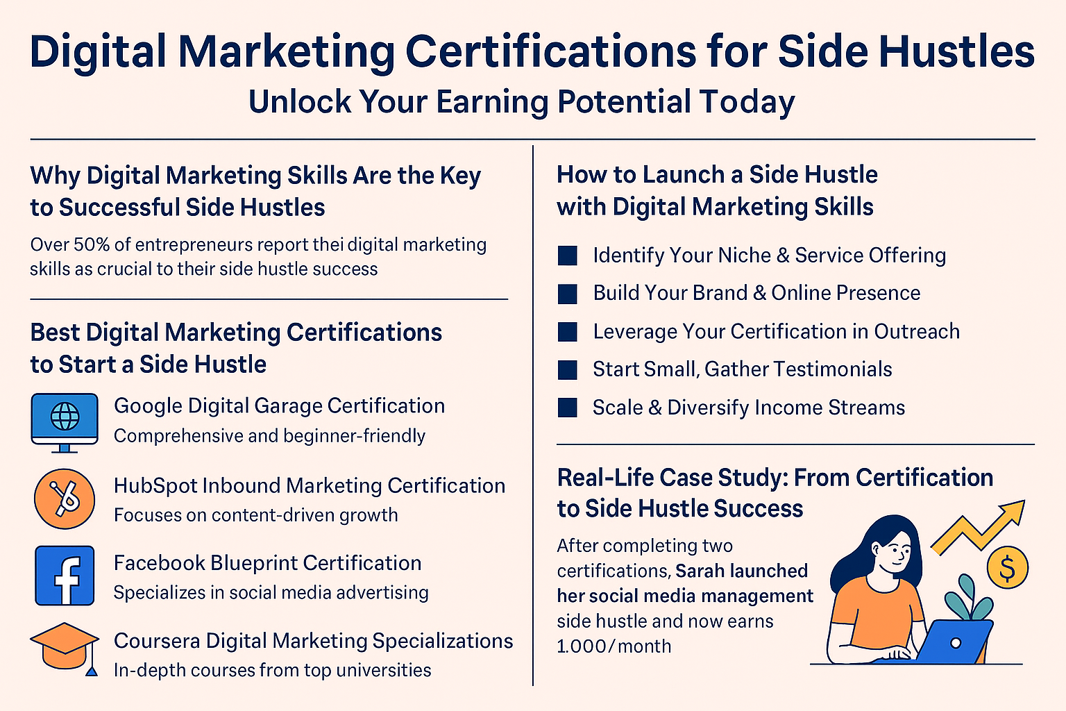 Infographic summarizing digital marketing certifications for side hustles, highlighting their importance, best certifications, and steps to launch a side hustle.